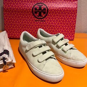 TORY BURCH Triple Strap Mint Green Leather Suede Sneakers Trainers Size 8.5
